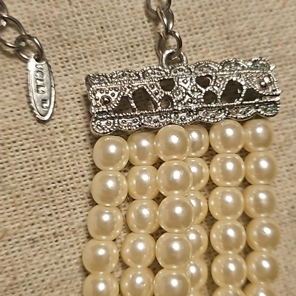 Vintage Eduardian Style Multistrand Faux Pearl Diamond Choker Necklace - Picture 8 of 11